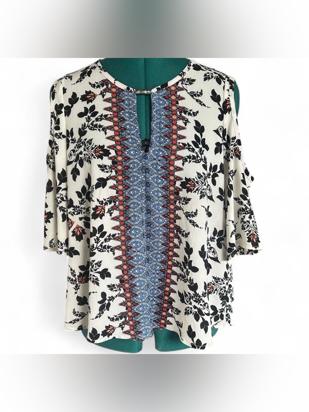 HeartSoul White Floral Cold-Shoulder Tunic with Blue & Red Panel
